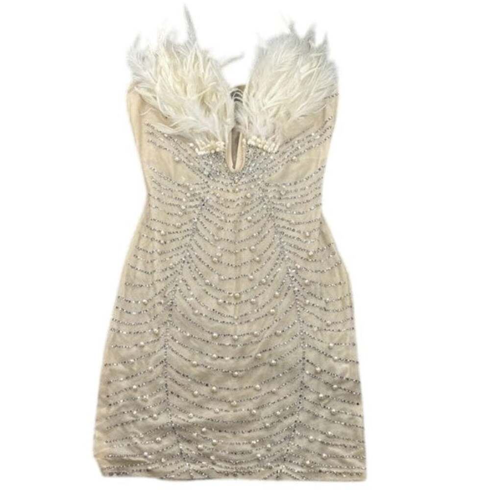 Dress Bodycon Mini Sheer Pearl Rhinestone Feather Trim